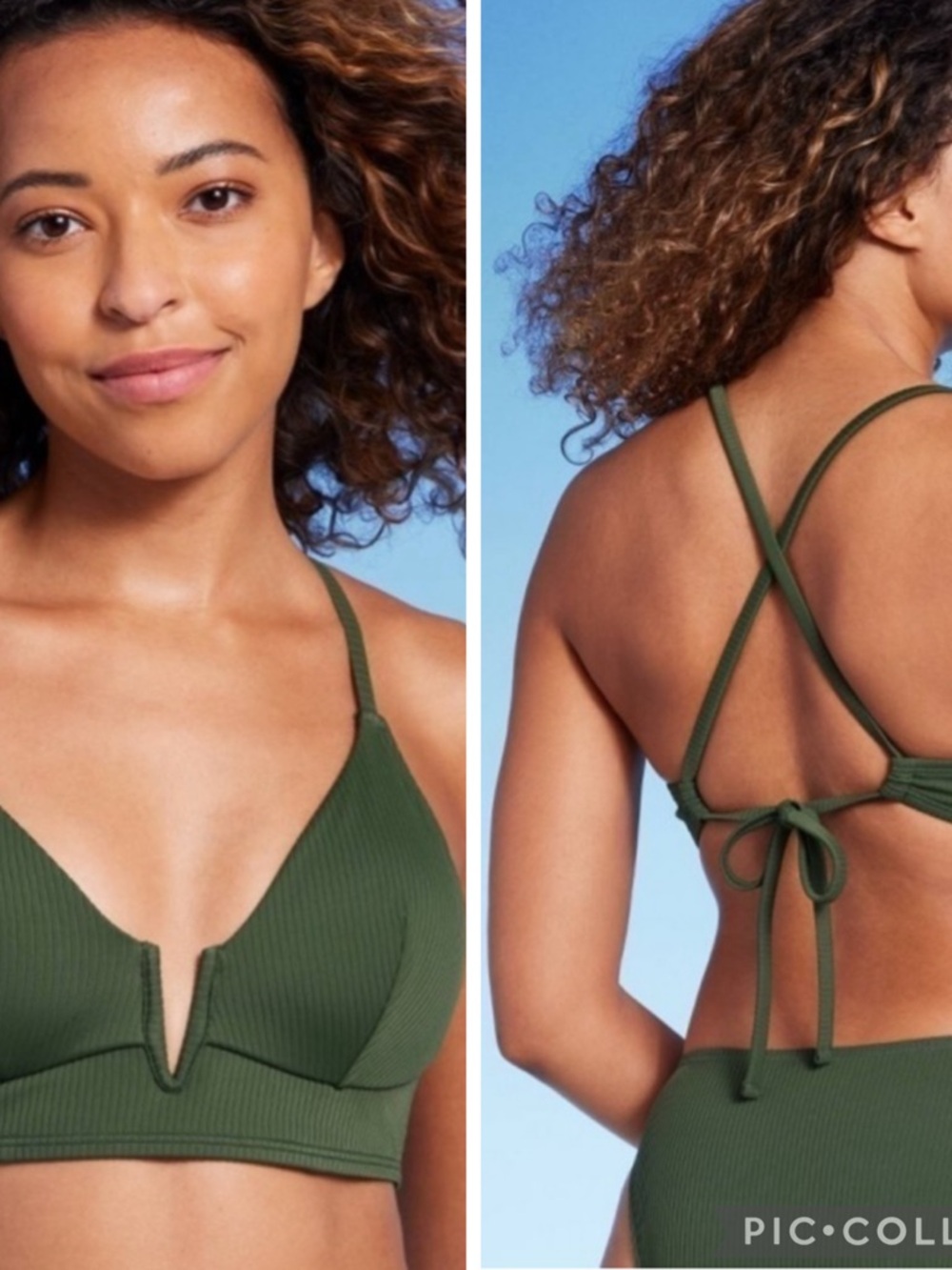 Shade & Shore Green Ribbed Longline V-Wire Triangle Swim Bikini Top 38DD NWOT